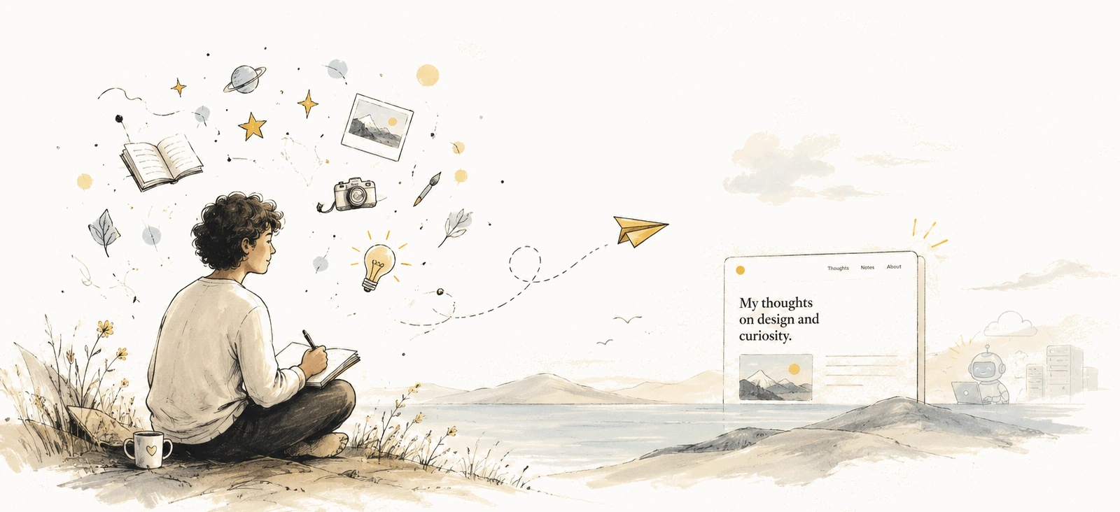 Someone sitting outdoors writing in a notebook, ideas floating above them, one carried off as a paper plane to a published page on the far shore.