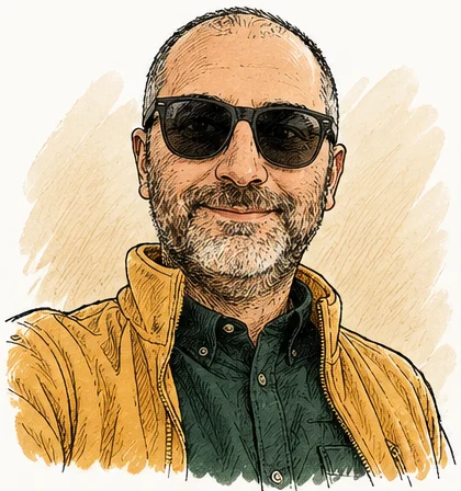 Illustrated portrait of the founder in sunglasses and an ochre jacket