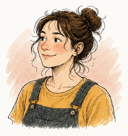 Illustrated portrait of Lily with her hair in a bun, wearing dungarees over an ochre T-shirt