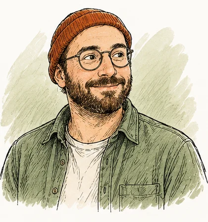 Illustrated portrait of Sam in a rust beanie, round glasses and a green shirt